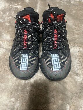 Authentic Versace Trigeca Olive & Black High-Top Sneakers with Red Accents
